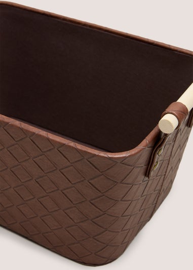Brown Faux Leather Woven Storage Basket