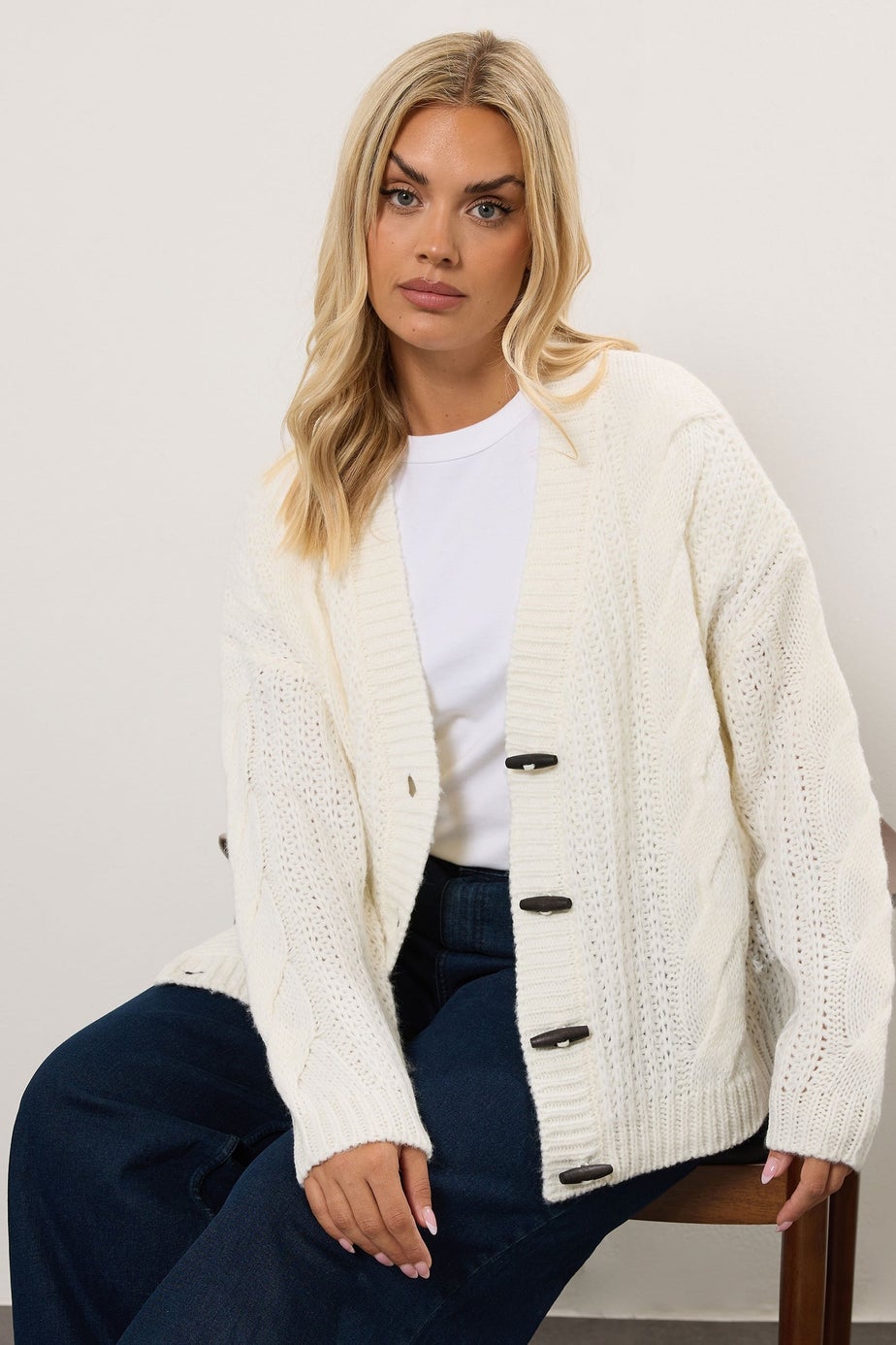 Yours Curve Ivory White Chunky Cable Knit Cardigan