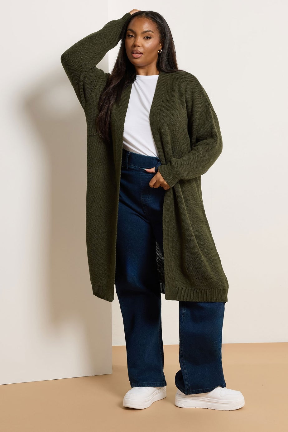 Yours Curve Khaki Green Knitted Midi Cardigan