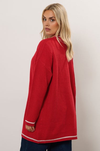 Yours Curve Red Contrast Tipping Knitted Cardigan