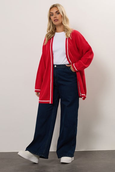Yours Curve Red Contrast Tipping Knitted Cardigan