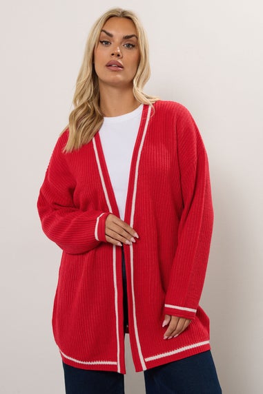 Yours Curve Red Contrast Tipping Knitted Cardigan