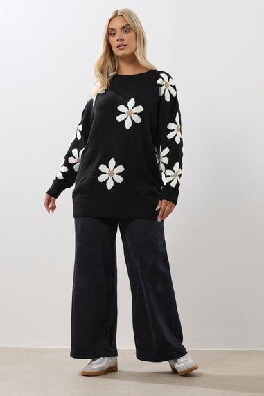 Yours Curve Black Daisy Knitted Jumper