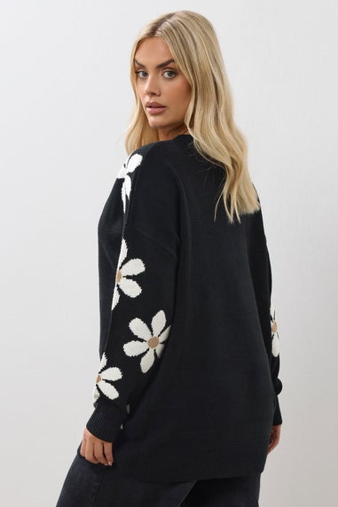 Yours Curve Black Daisy Knitted Jumper