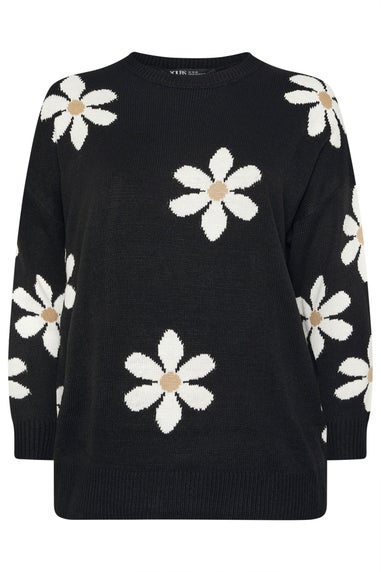 Yours Curve Black Daisy Knitted Jumper