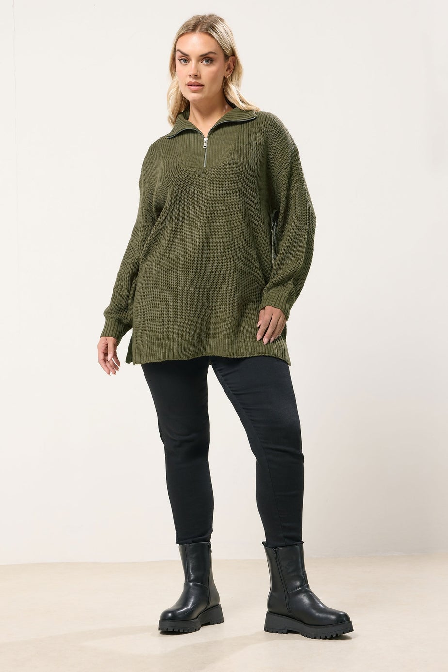 Yours Curve Khaki Green Quarter Zip Jumper