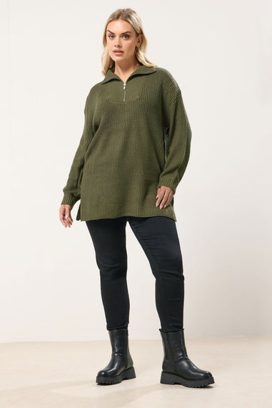 Yours Curve Khaki Green Quarter Zip Jumper