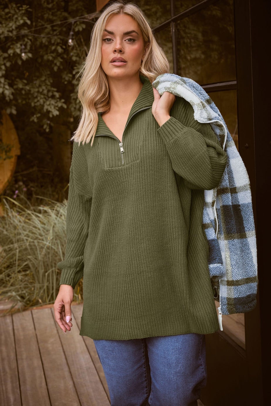 Yours Curve Khaki Green Quarter Zip Jumper