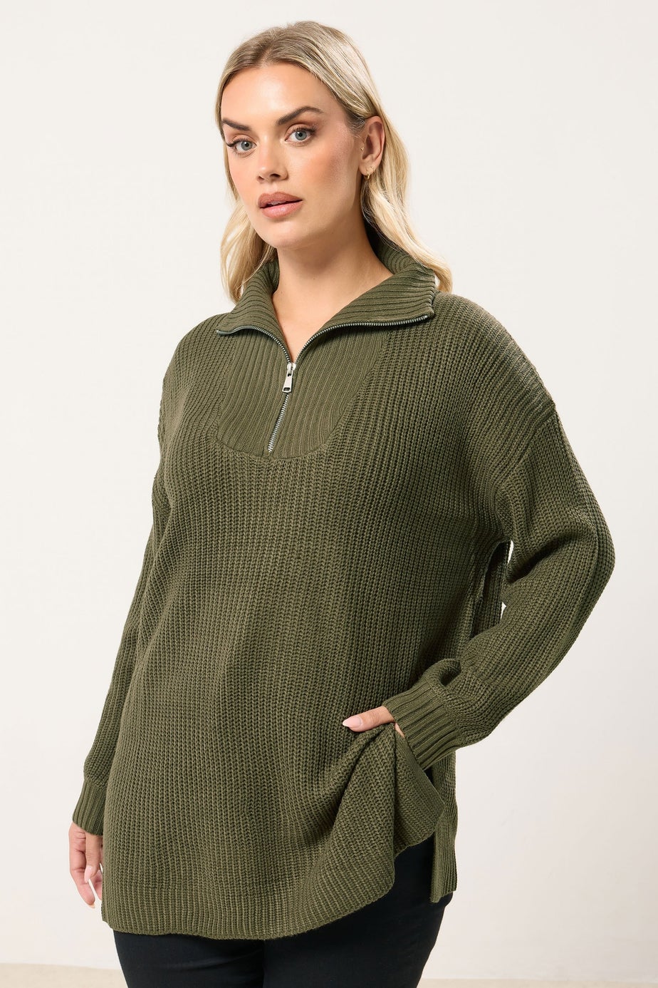 Yours Curve Khaki Green Quarter Zip Jumper