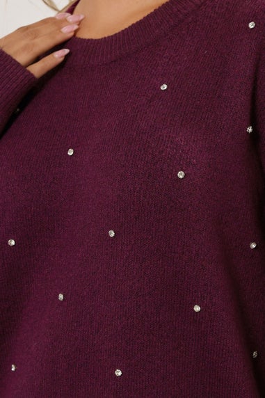 Yours Curve Burgundy Red Diamante Embellished Jumper