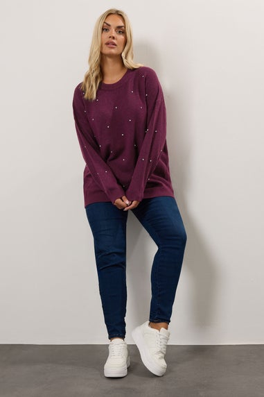 Yours Curve Burgundy Red Diamante Embellished Jumper