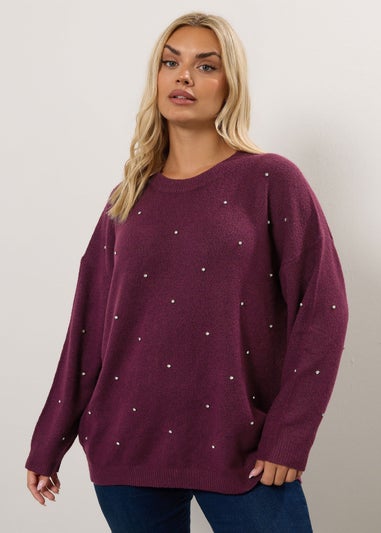 Yours Curve Burgundy Red Diamante Embellished Jumper