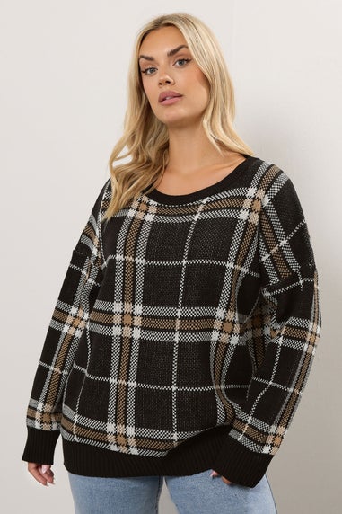 Yours Curve Black Check Knitted Jumper