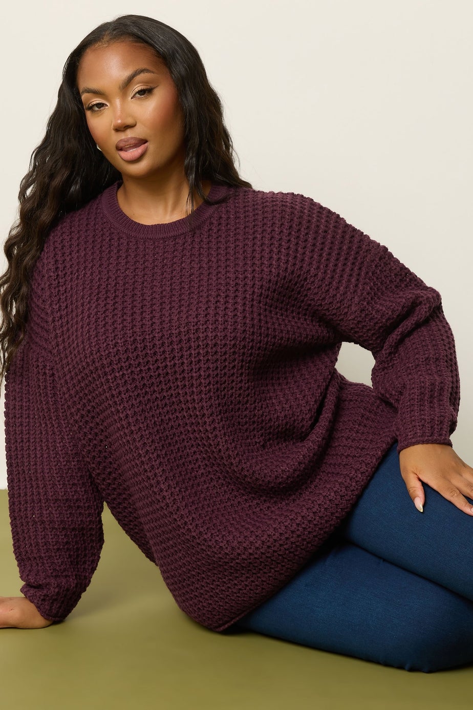 Yours Curve Dark Red Waffle Knit Jumper