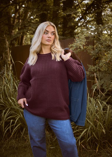 Yours Curve Dark Red Waffle Knit Jumper