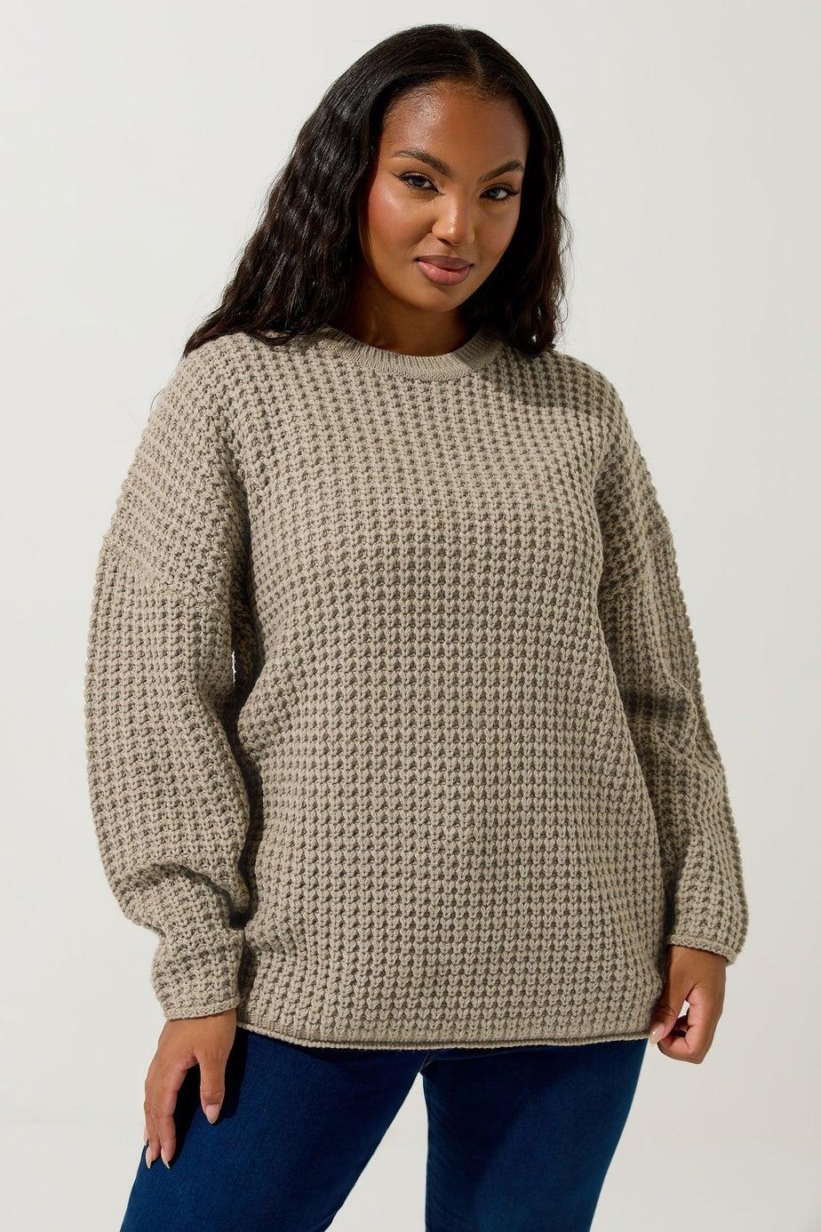 Yours Curve Natural Brown Waffle Knit Jumper