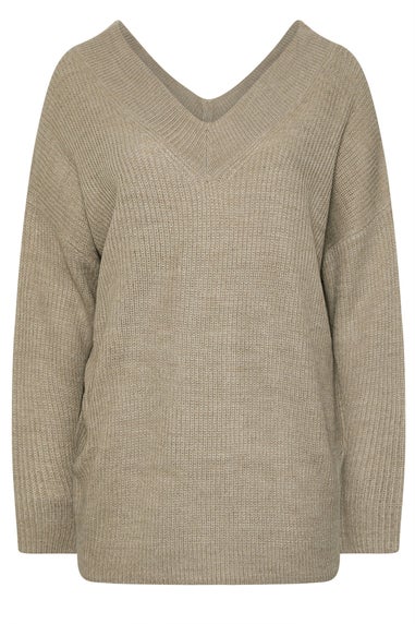 Yours Curve Natural Brown V-Neck Knitted Jumper