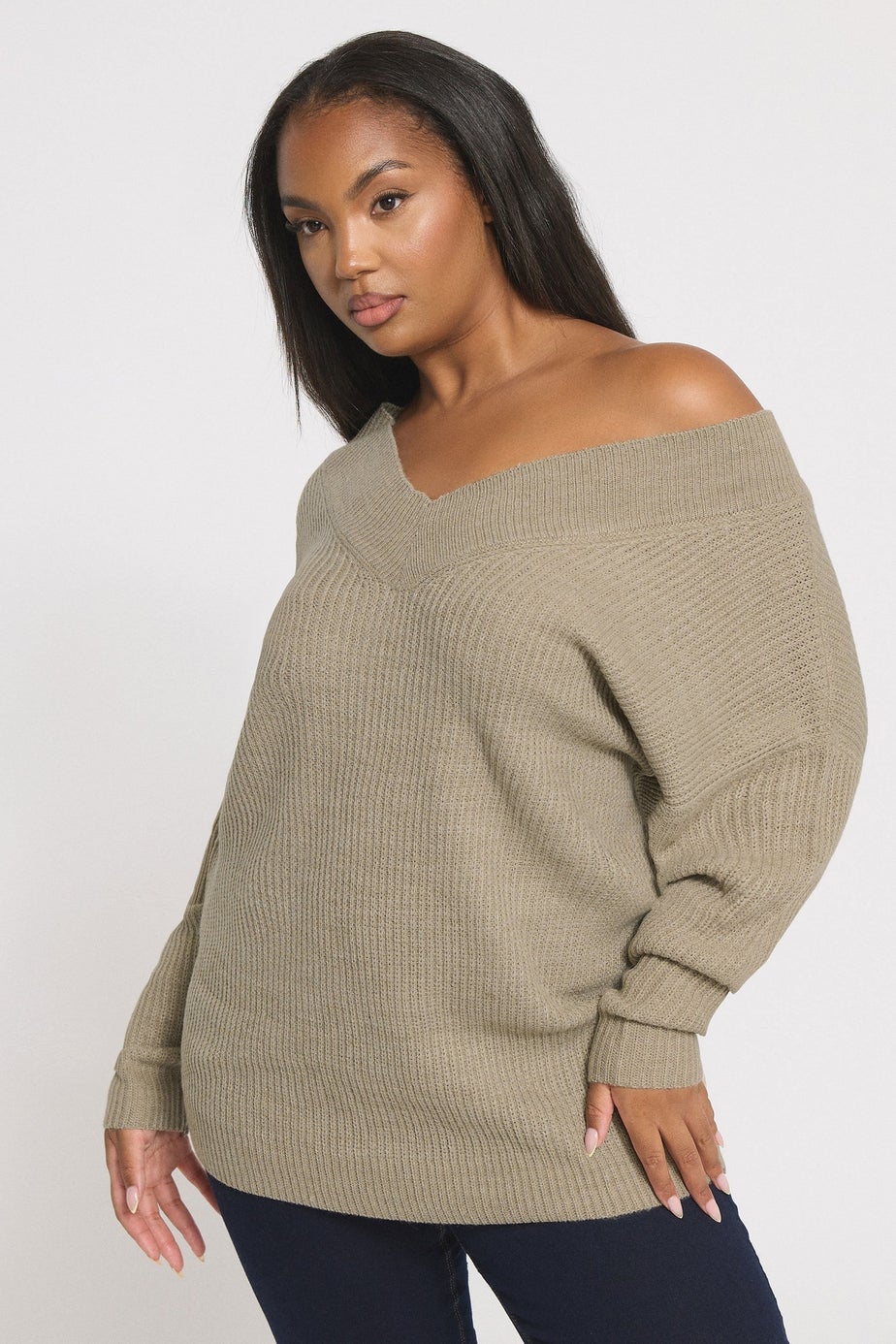 Yours Curve Natural Brown V-Neck Knitted Jumper