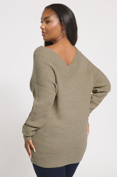 Yours Curve Natural Brown V-Neck Knitted Jumper