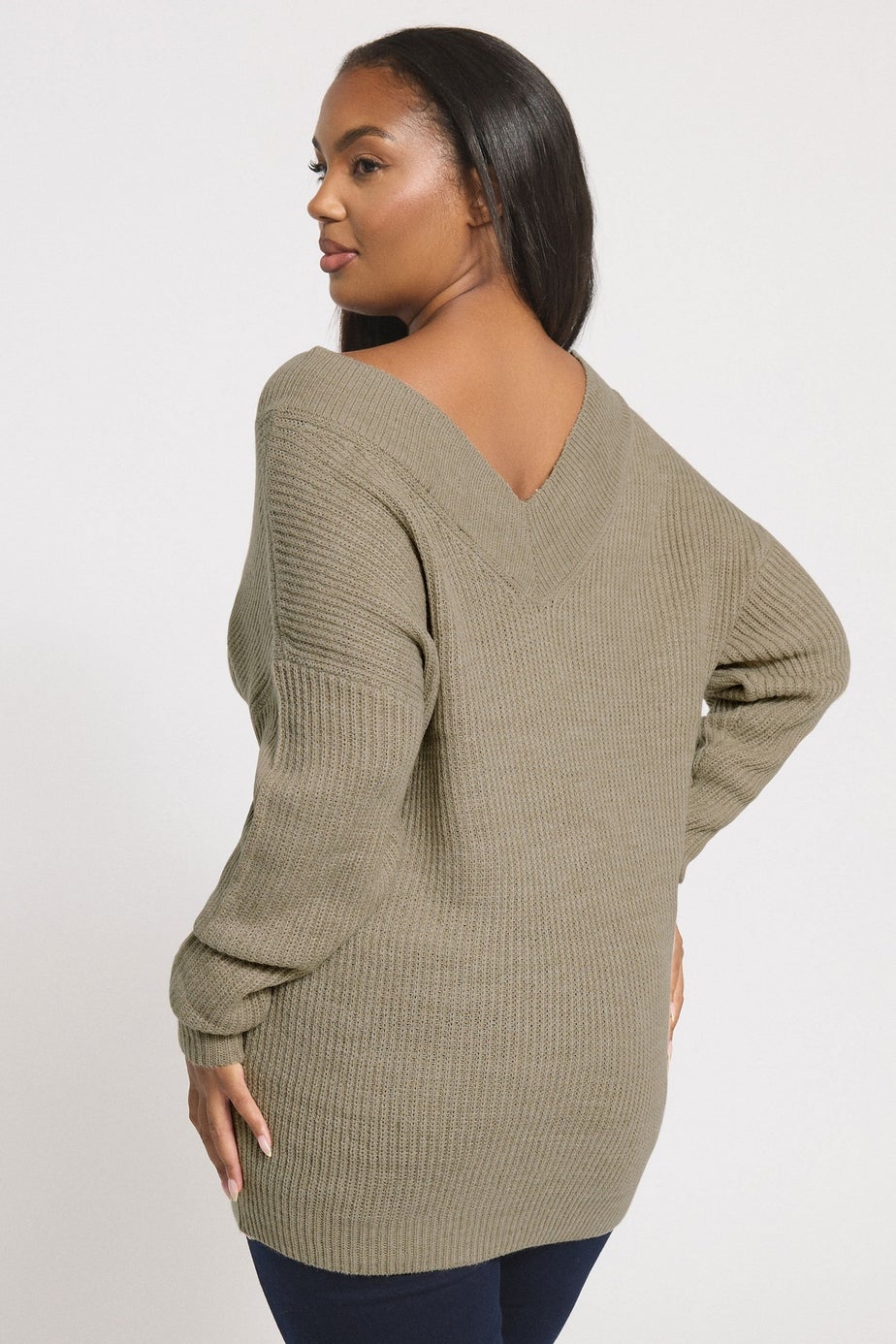 Yours Curve Natural Brown V-Neck Knitted Jumper