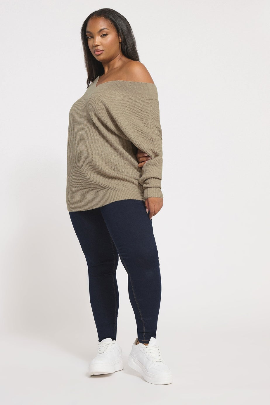 Yours Curve Natural Brown V-Neck Knitted Jumper