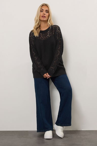 Yours Curve Black Pointelle Knitted Jumper