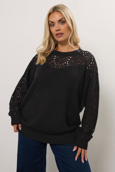 Yours Curve Black Pointelle Knitted Jumper