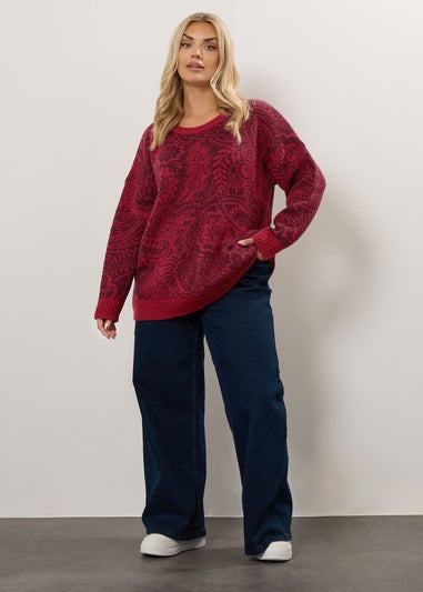 Yours Curve Burgundy Red Paisley Knitted Jumper