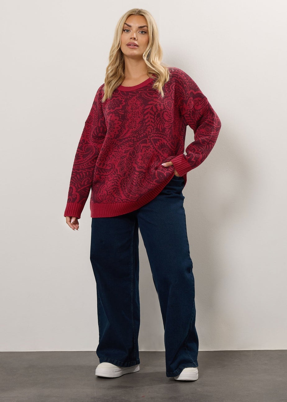 Yours Curve Burgundy Red Paisley Knitted Jumper