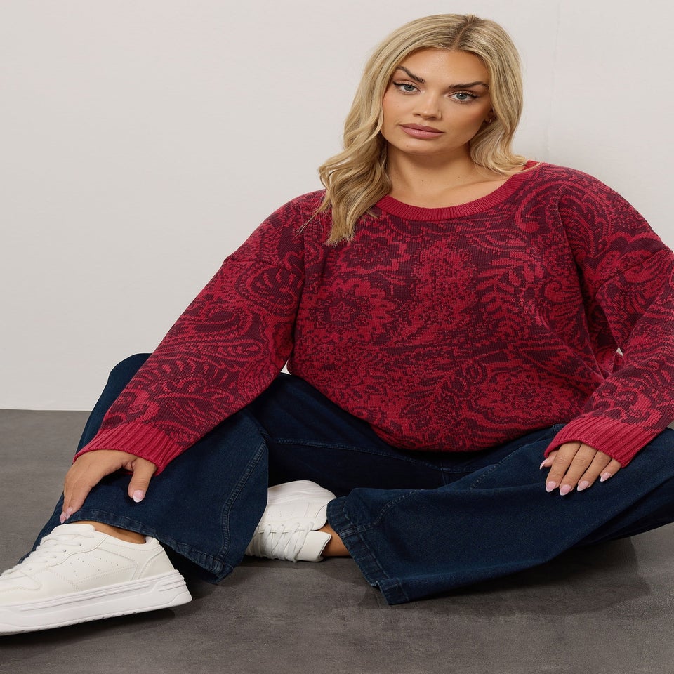 Yours Curve Burgundy Red Paisley Knitted Jumper