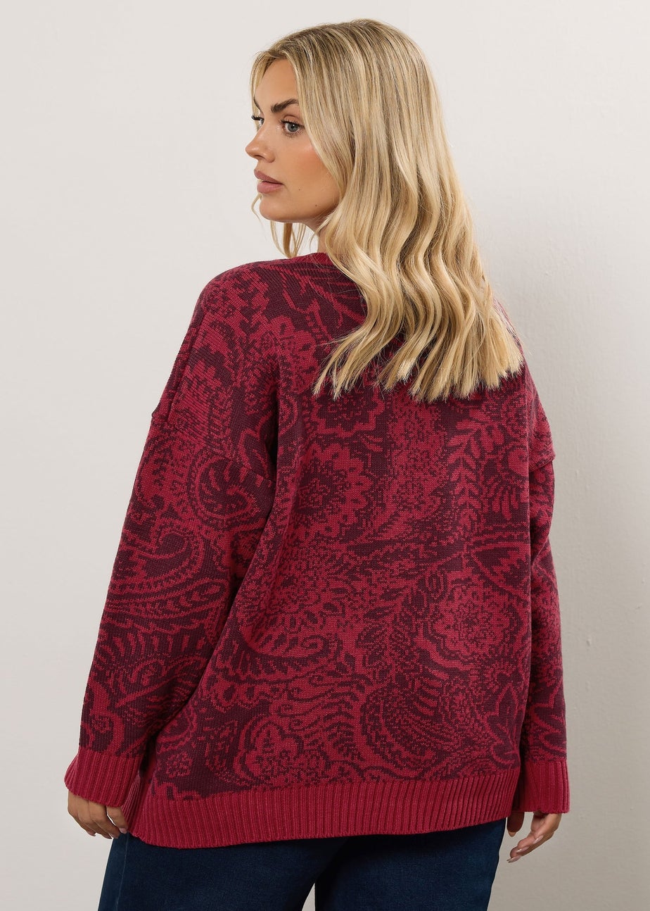 Yours Curve Burgundy Red Paisley Knitted Jumper