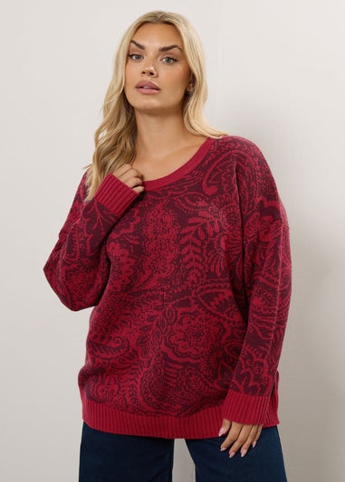 Yours Curve Burgundy Red Paisley Knitted Jumper