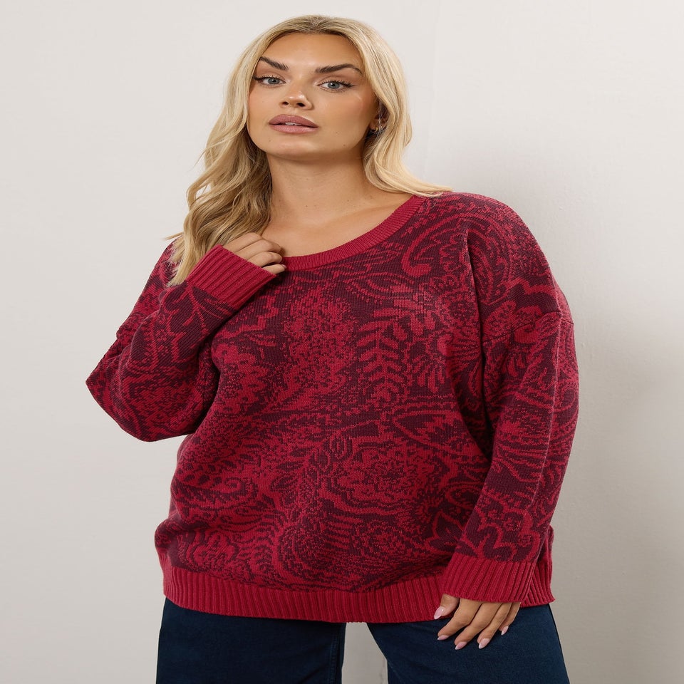 Yours Curve Burgundy Red Paisley Knitted Jumper
