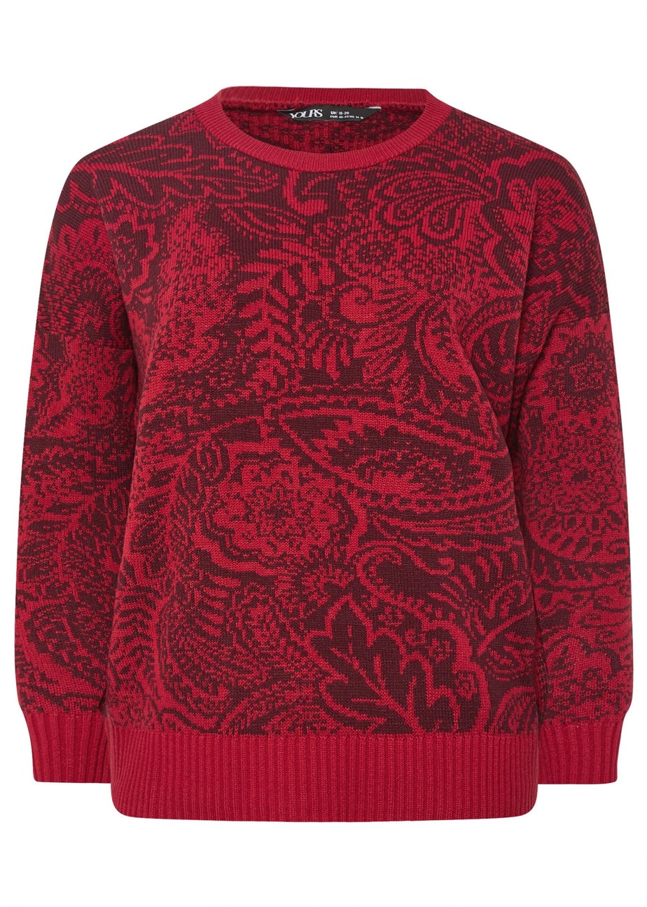 Yours Curve Burgundy Red Paisley Knitted Jumper