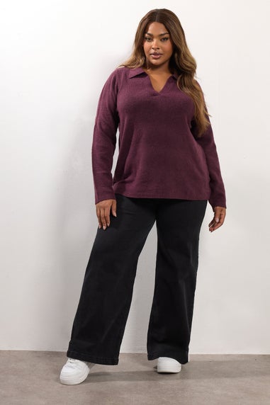Yours Curve Burgundy Red Collared Knitted Jumper