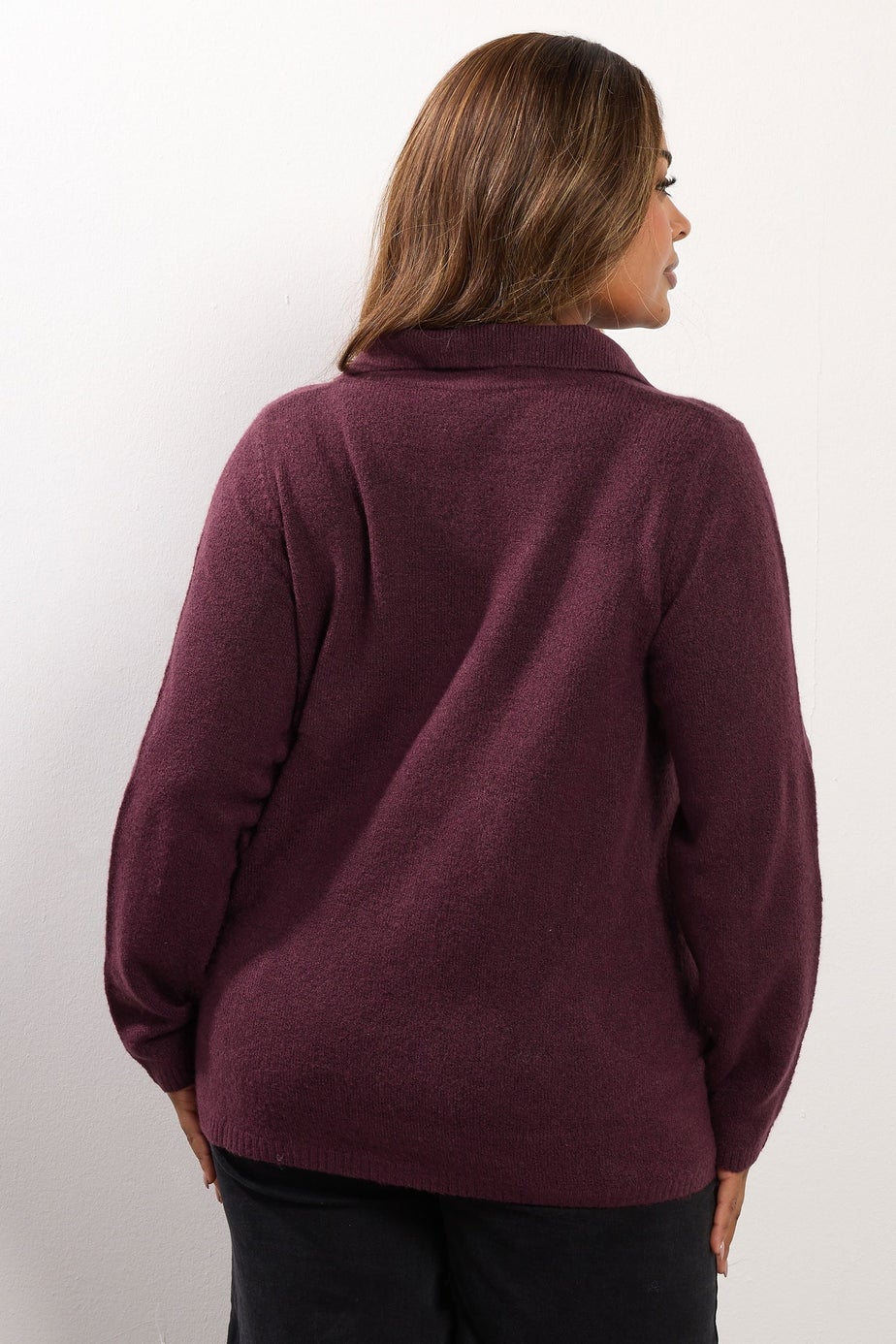 Yours Curve Burgundy Red Collared Knitted Jumper