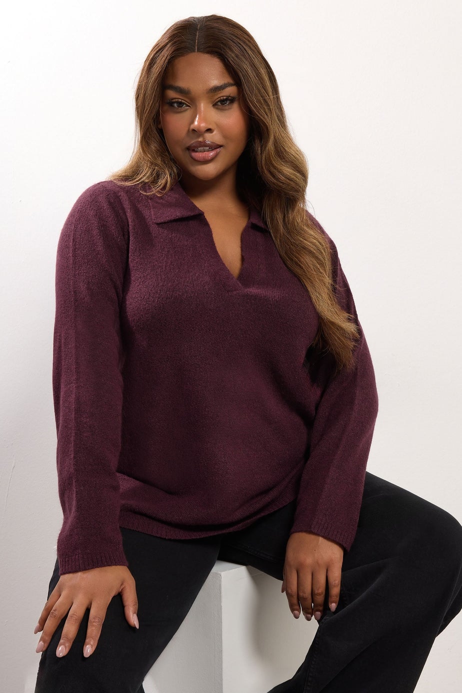 Yours Curve Burgundy Red Collared Knitted Jumper