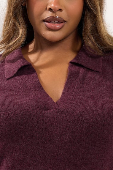 Yours Curve Burgundy Red Collared Knitted Jumper