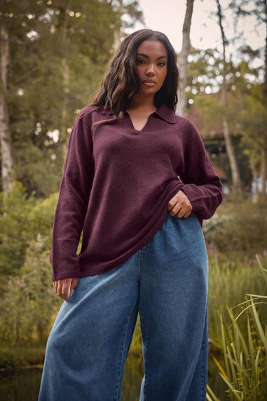 Yours Curve Burgundy Red Collared Knitted Jumper