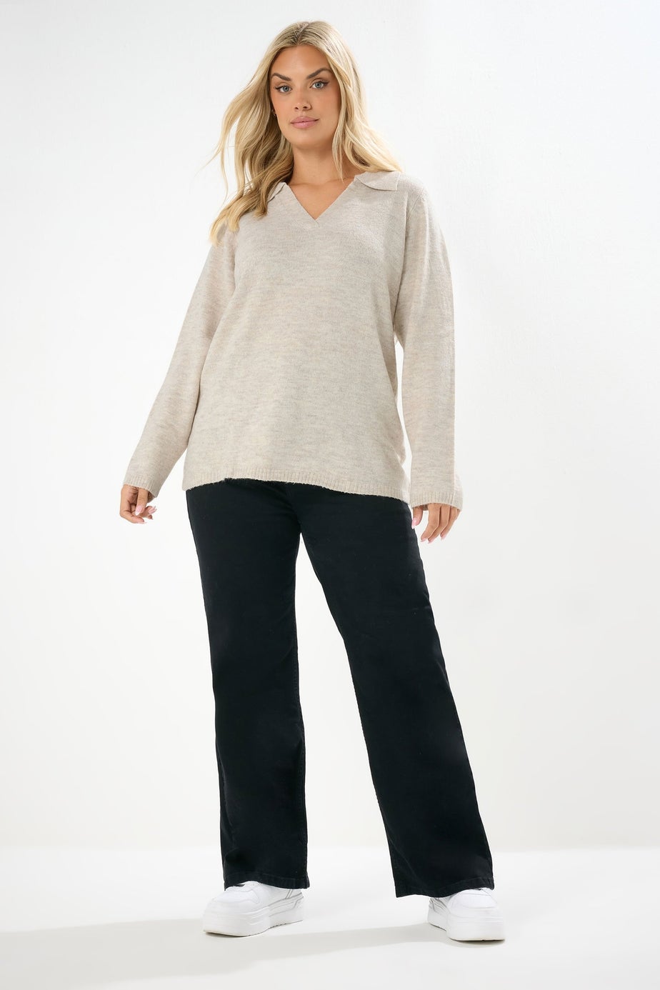 Yours Curve Natural Brown Collared Knitted Jumper