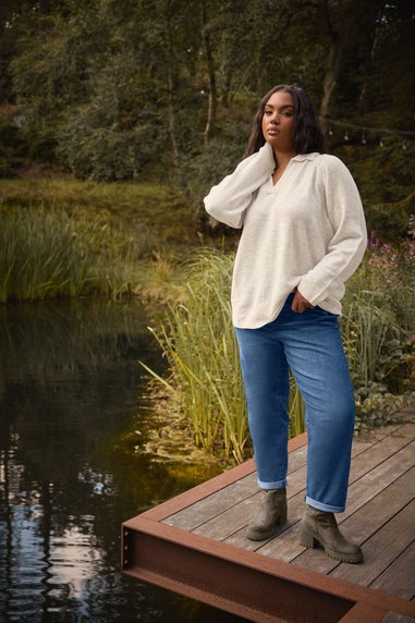 Yours Curve Natural Brown Collared Knitted Jumper