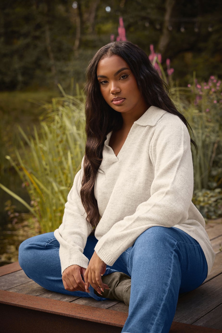 Yours Curve Natural Brown Collared Knitted Jumper