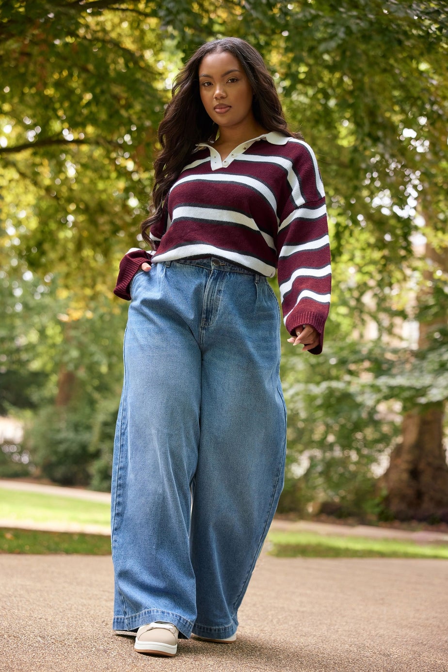 Yours Curve Red Striped Rugby Collar Jumper