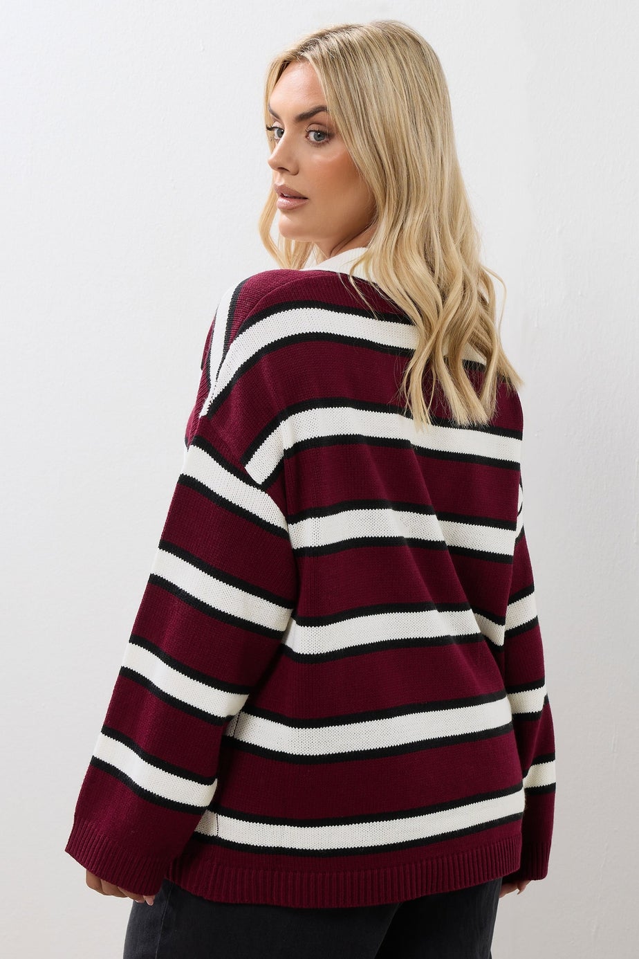 Yours Curve Red Striped Rugby Collar Jumper