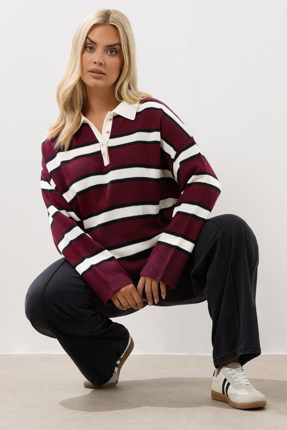 Yours Curve Red Striped Rugby Collar Jumper