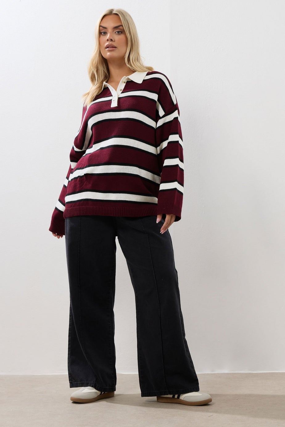Yours Curve Red Striped Rugby Collar Jumper