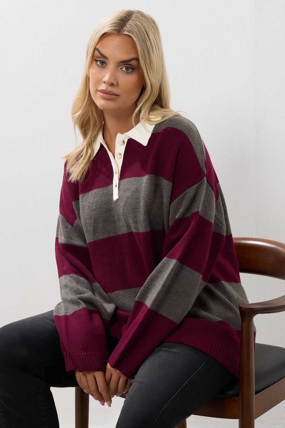 Yours Curve Red Stripe Rugby Collar Jumper