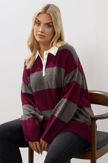 Yours Curve Red Stripe Rugby Collar Jumper