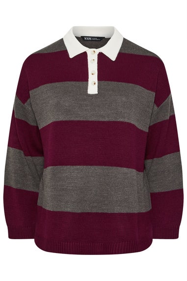 Yours Curve Red Stripe Rugby Collar Jumper