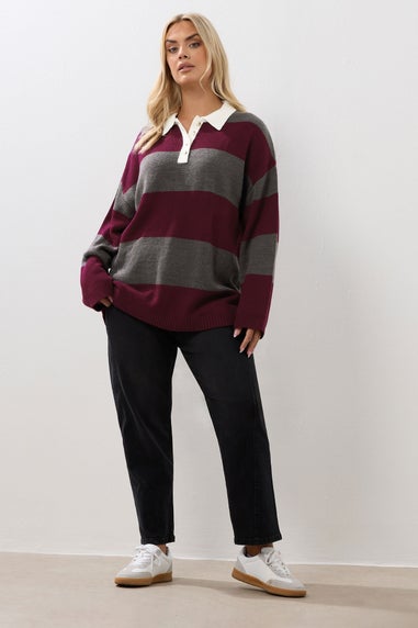 Yours Curve Red Stripe Rugby Collar Jumper